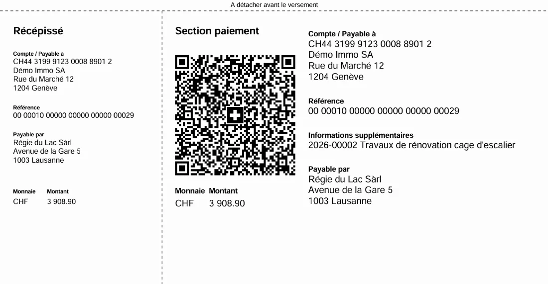 Récépissé et section paiement QR de la facture de démonstration, CHF 3 908.90